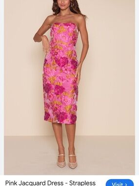 Lulu's Pink and Gold Strapless Jacquard Midi Dress